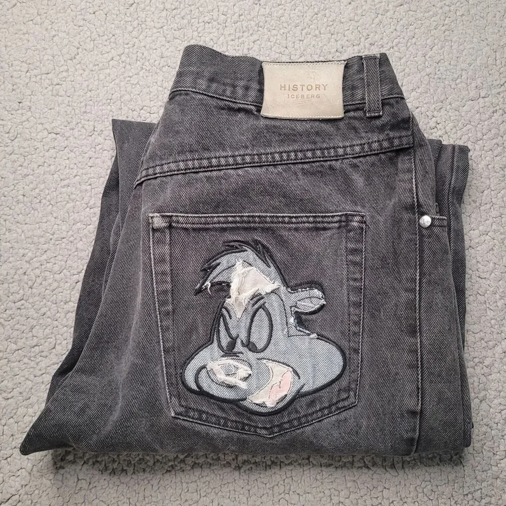 Vintage Iceberg History Jeans Mens 31 Black Denim Pepe Le Pew Baggy 90s Hip Hop